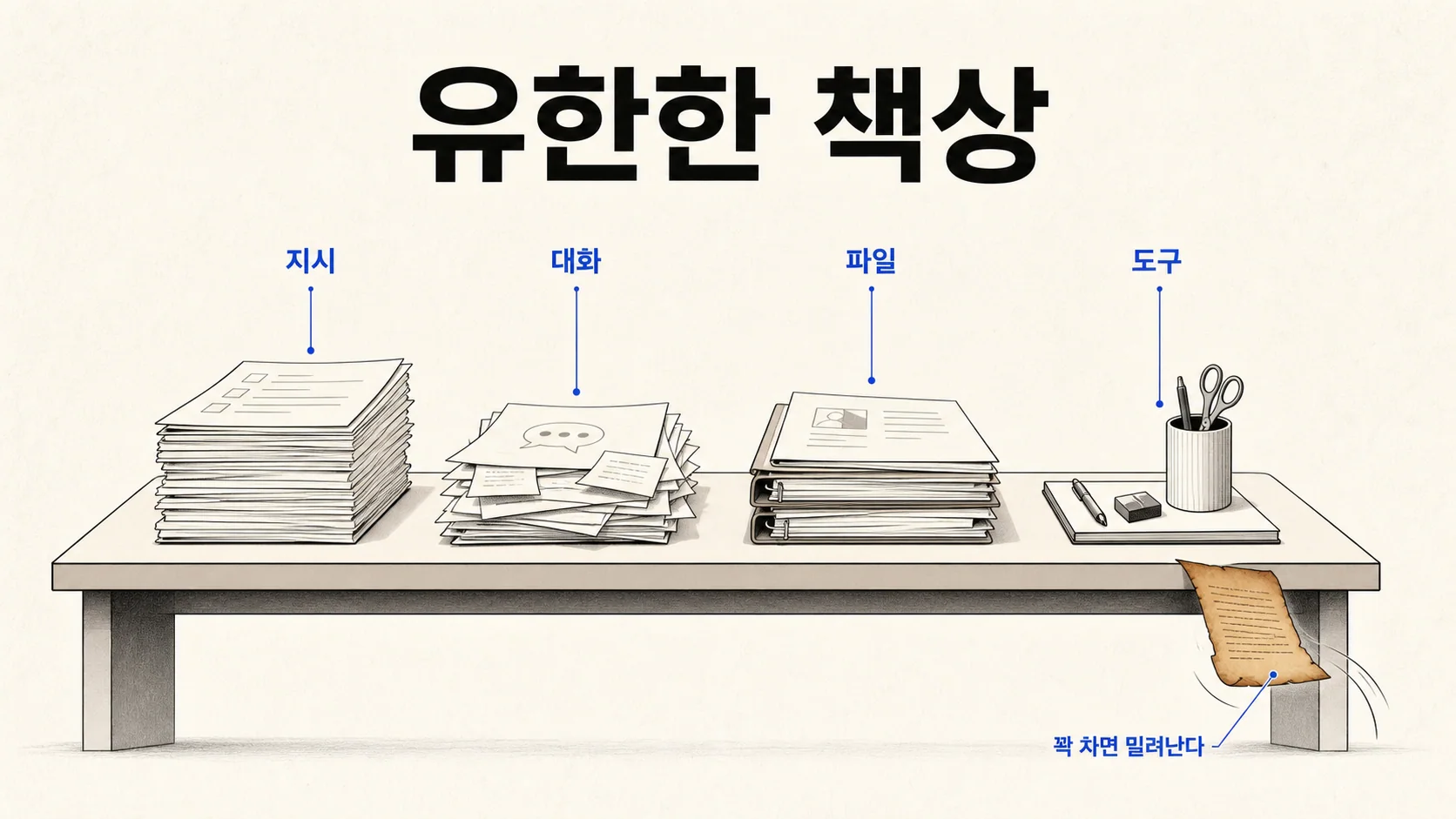 컨텍스트 윈도우를 유한한 책상에 비유 — 시스템 지시·대화·파일·도구가 같은 책상 위에서 자리를 다툰다