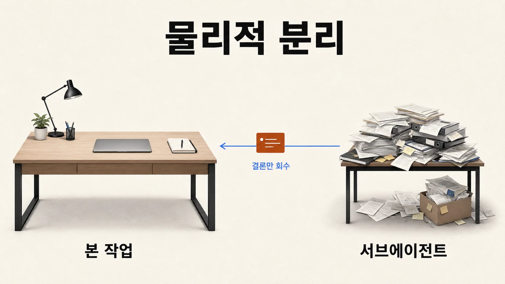 서브에이전트 물리적 분리 — 무거운 작업은 별도 책상에서 하고 결론만 본 책상으로 가져온다