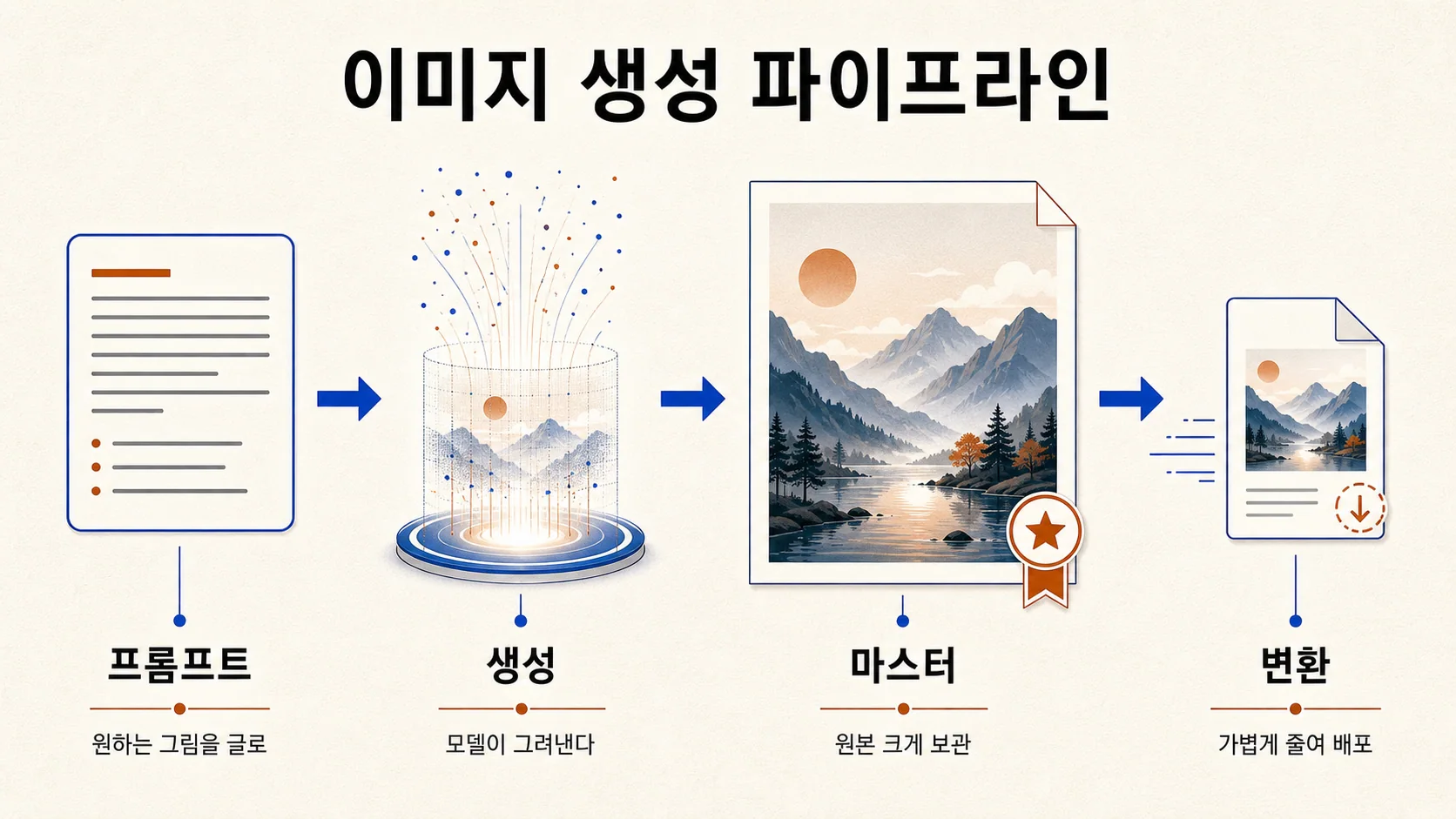 이미지 생성 파이프라인 — 프롬프트에서 생성, 원본 마스터, 가벼운 사본 변환까지